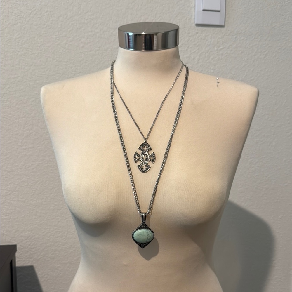 Silver Layered Necklace with Turquoise Necklace Stone pendant